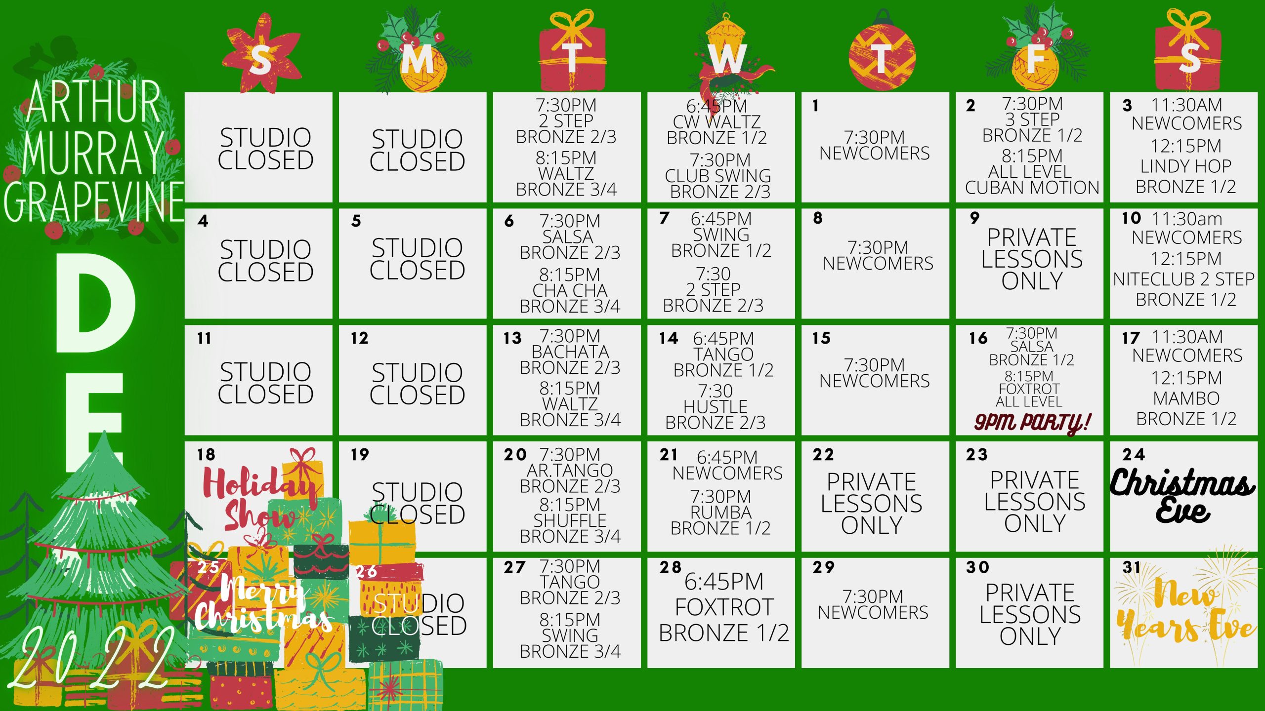 Dance Studio Grapevine December Calendar